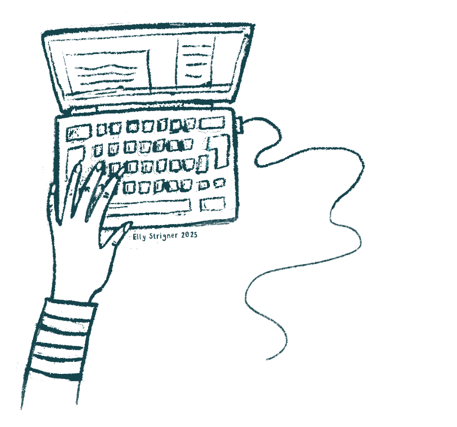 A drawing of a hand typing on a laptop