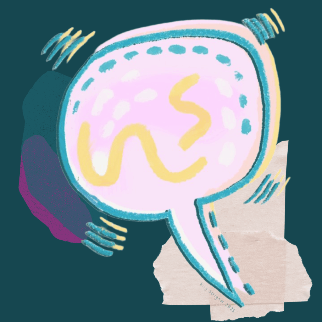 A speech bubble filled with squiggles and dot patterns (c) Elly Strigner