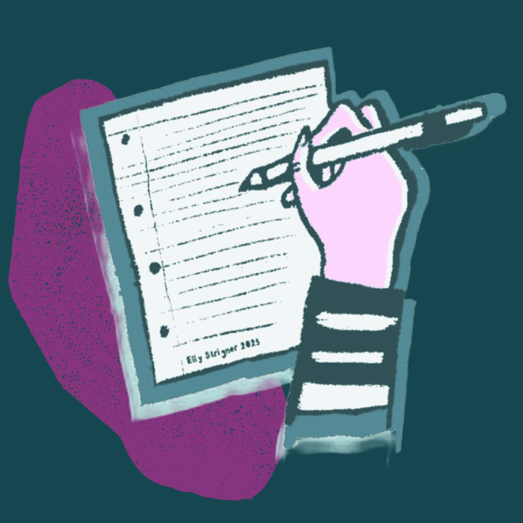 A drawing of a hand writing on a piece of lined paper.