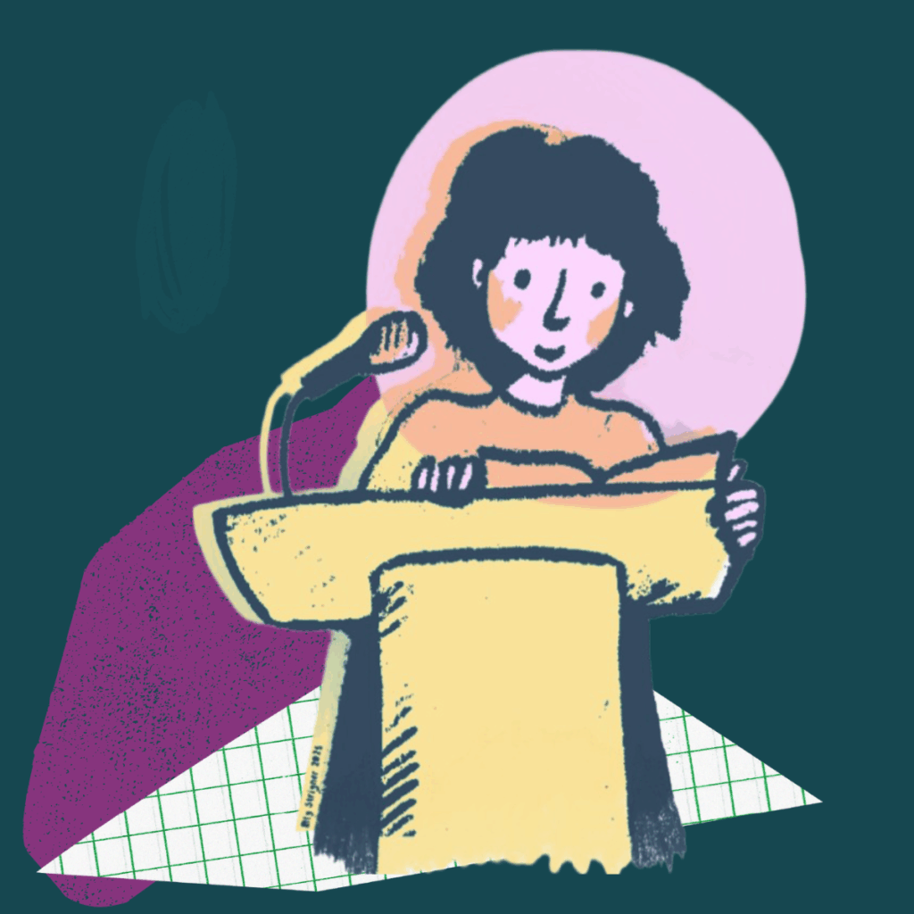 A drawing of a person with bobbed hair standing behind a podium reading into a mic.