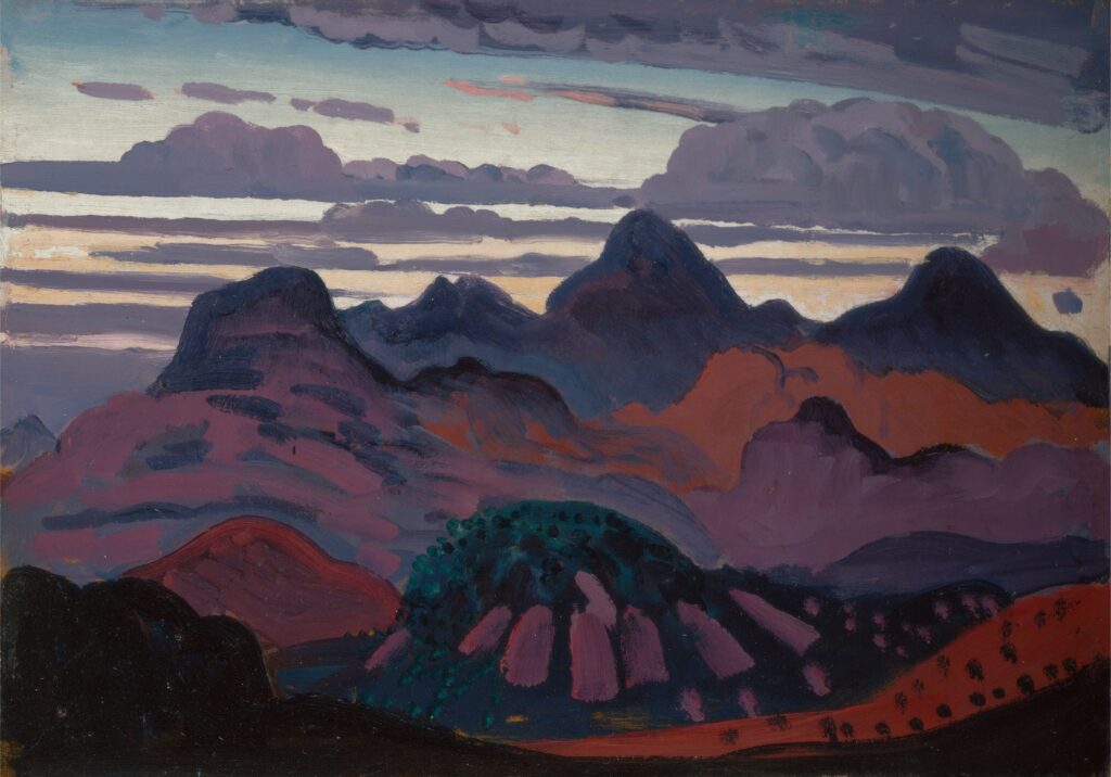 A semi-abstract painting of a mountain range at sunset, painted in purples, burnt oranges and blue.